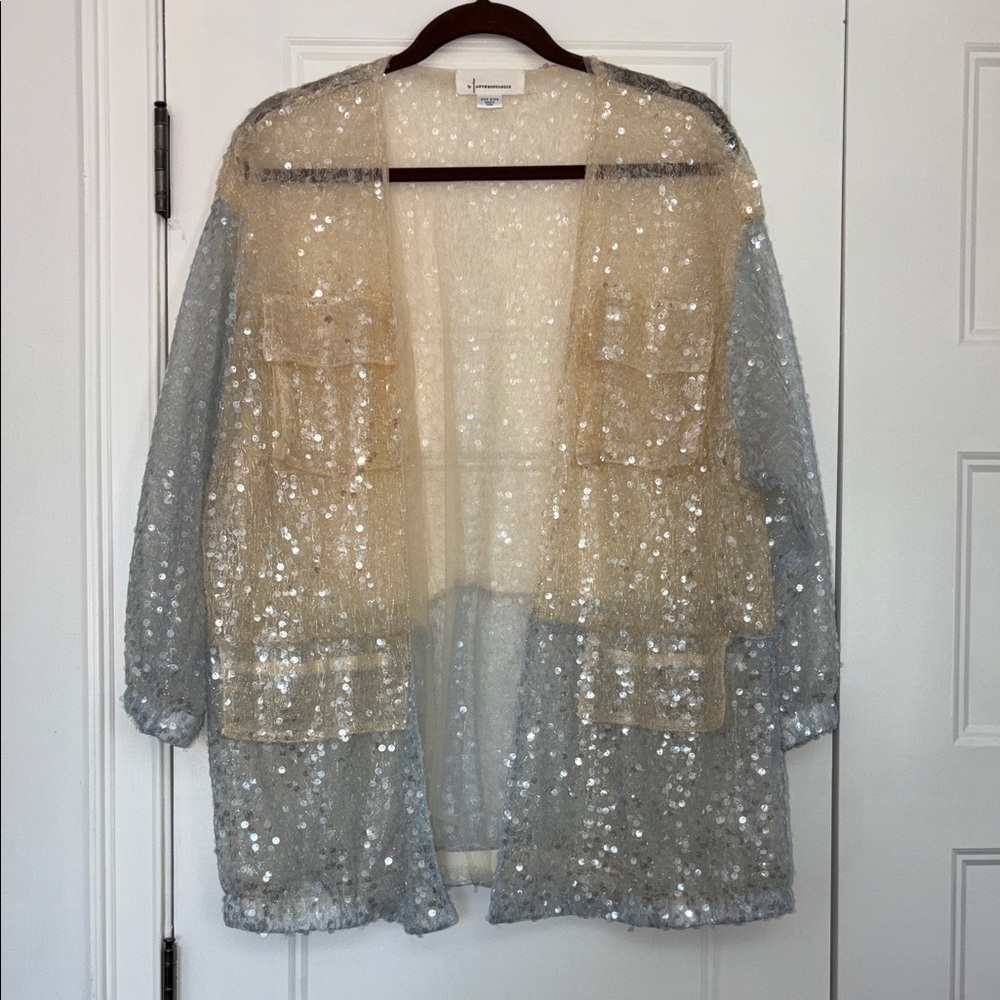Anthropologie Cream Sequin Cardigan